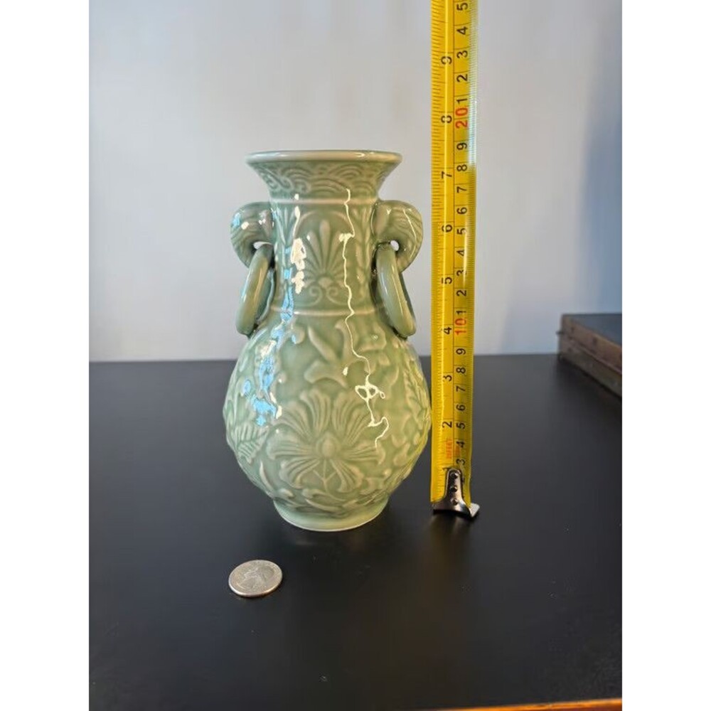 Vintage Olive Green Pressed Glass Vase Scalloped Rim